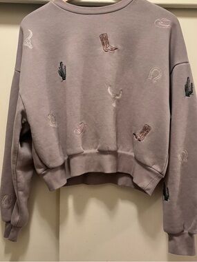 Cotton essentials women’s Beige Cropped Western Embroidered Sweatshirt Size L
